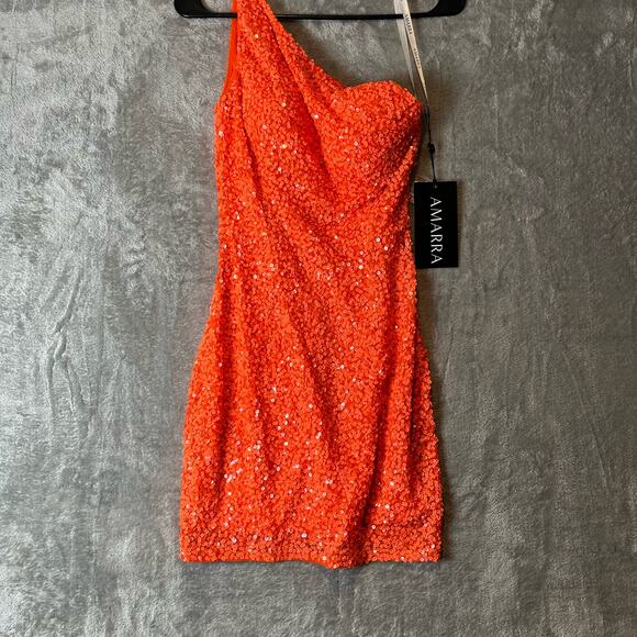 Amarra One Shoulder Sequined Dress Style 87439 Neon Orange Sz 4 New‎ - Picture 3 of 10